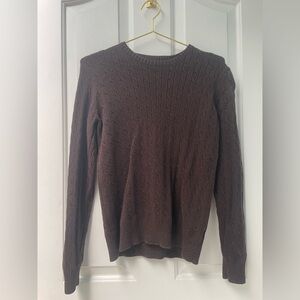 S/M Eddie Bauer Dark Brown Cable Knit Crewneck Sweater Cotton Nylon Blend EUC